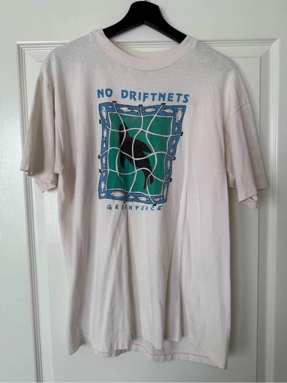 Hanes White Tee with Blue & Green 'No Driftnets' Greenpeace Graphic
